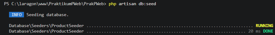 Output php artisan db:seed